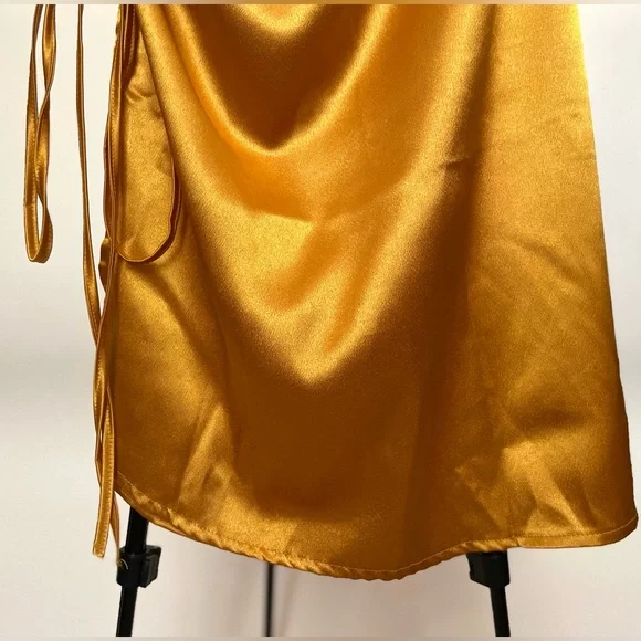 Mustard Midi Spaghetti Strap Bodycon Drawstring Ruched Side Slit Dress| Small - Picture 4 of 11